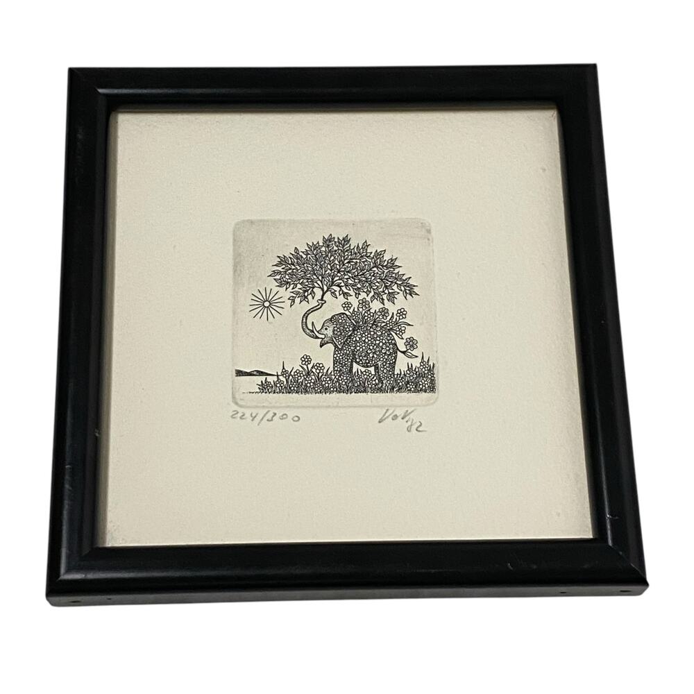 Elephant Etching Signed Vintage Limited Edition 4.75" x 4.75" Framed Decor - Picture 2 of 11